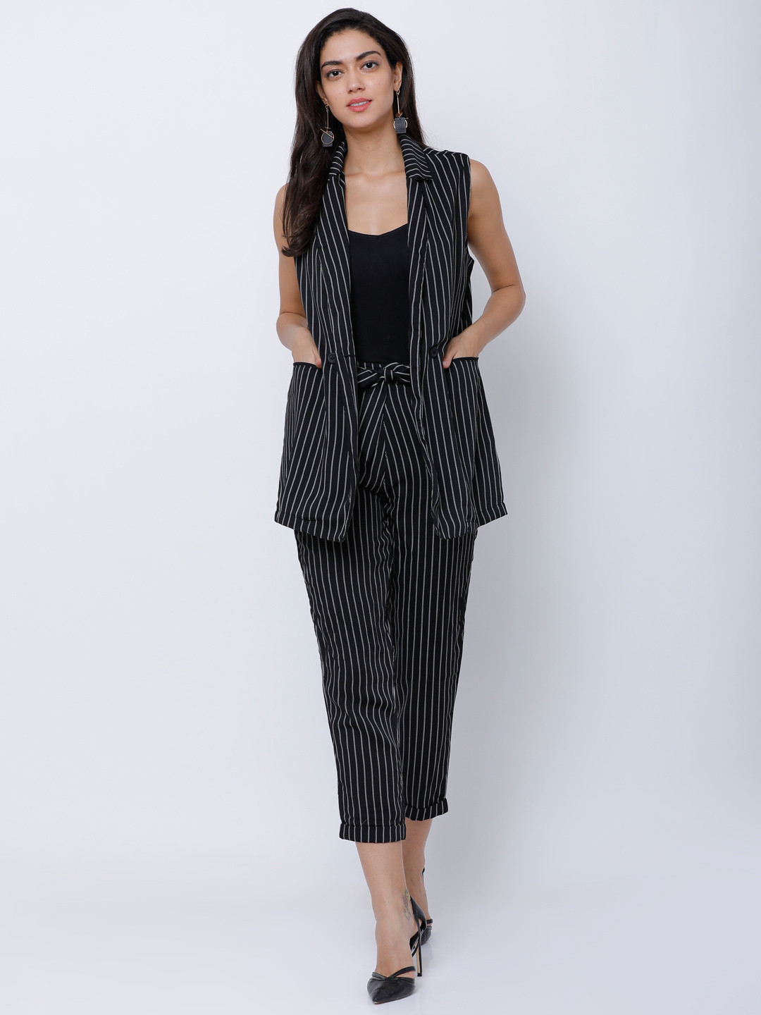 Tokyo Talkies Women Black & White Striped Jacket with Trousers
