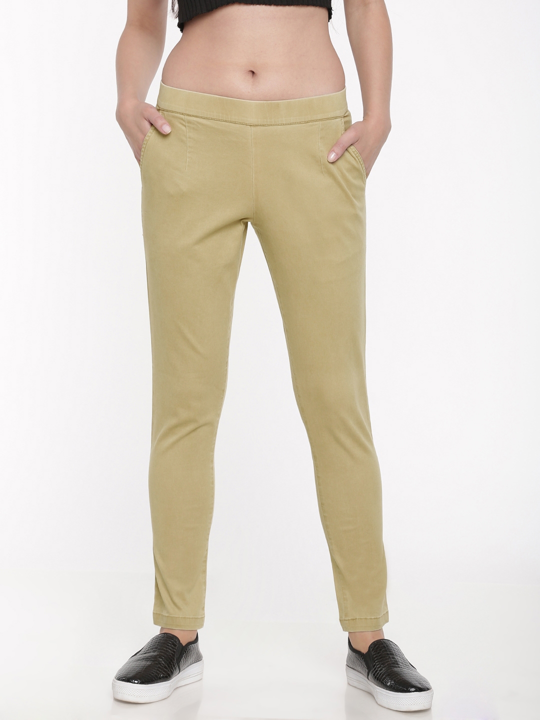 Buy Go Colors Women Khaki Solid Tapered Fit Treggings Jeggings for Women 5812118 Myntra