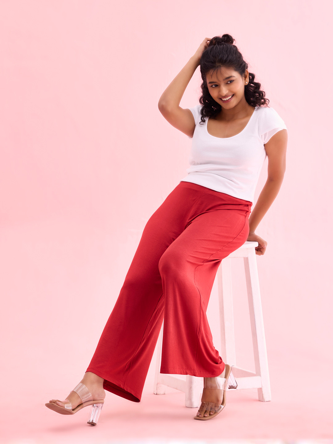 Go Colors Women Red Solid Wrinkle Resistant Wide Leg Palazzos