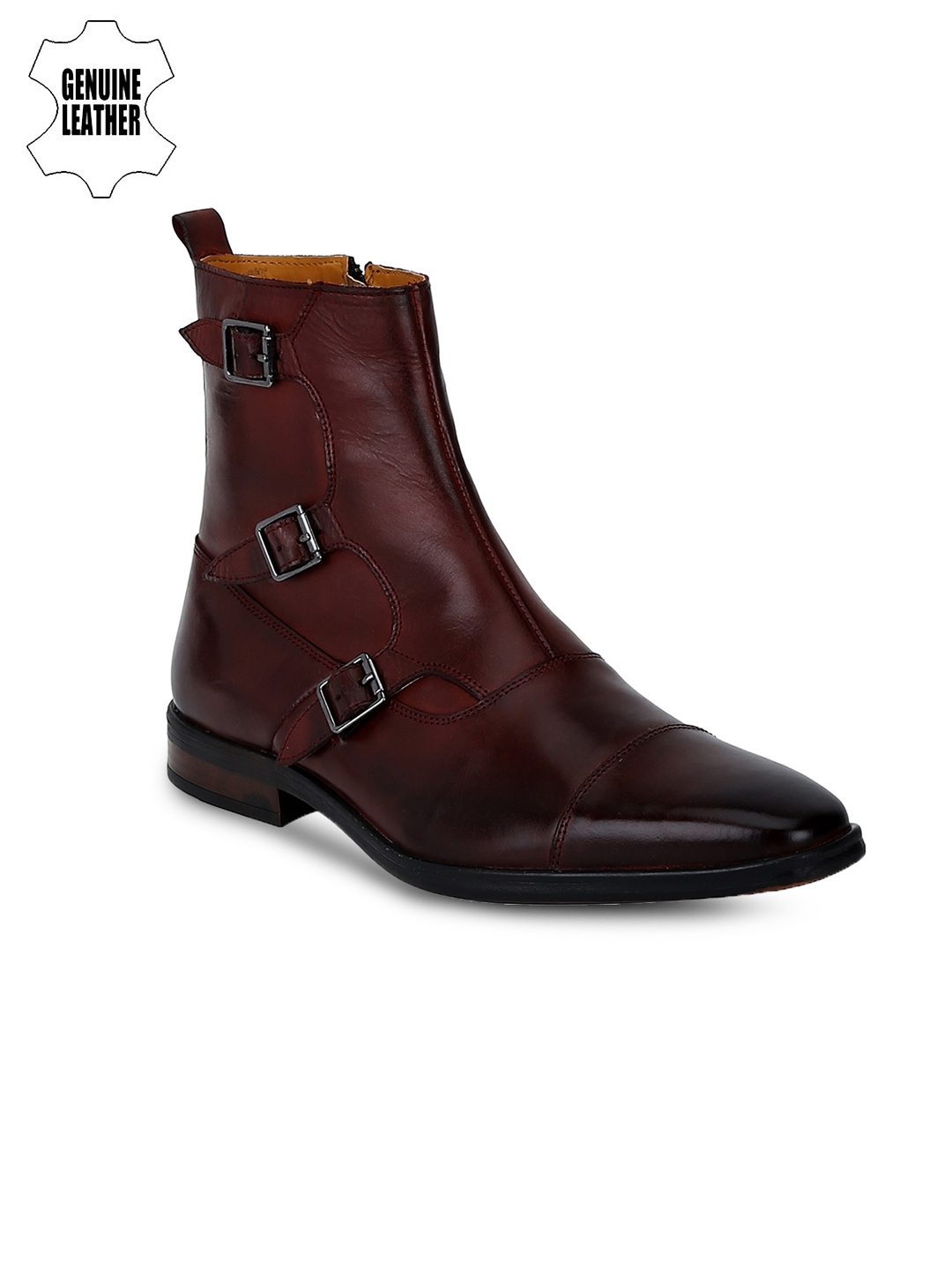 DEL MONDO Men Maroon Solid Leather Mid Top Flat Boots