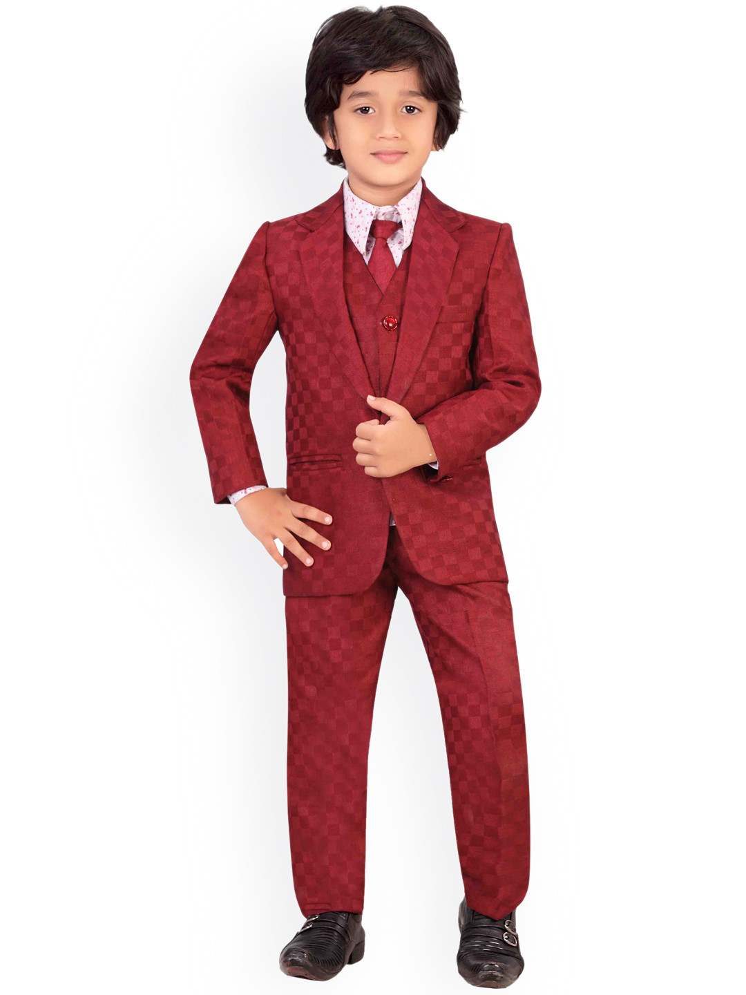 Jeetethnics Boys Maroon Self Design Coat with Trousers & Tie