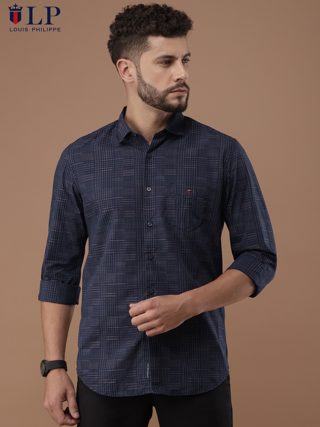 Louis Philippe Sport Men Navy Blue Red Super Slim Fit Checked Casual Shirt