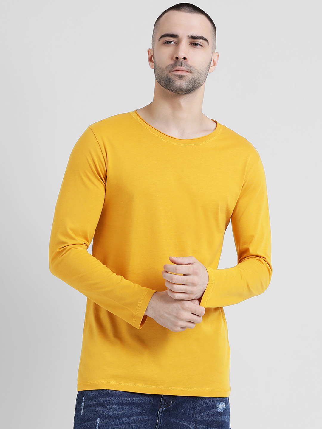Buy Tinted Men Mustard Solid Round Neck 