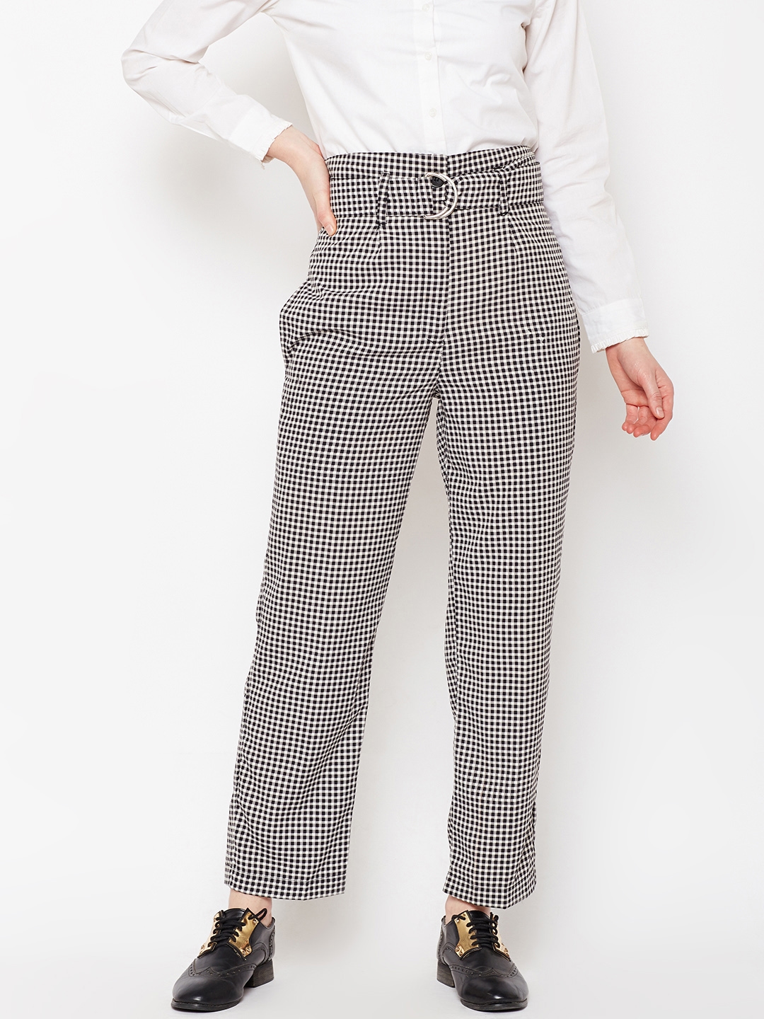 Buy StyleStone Women Black  White Tapered Fit Checked Peg Trousers   Trousers for Women 8158979  Myntra