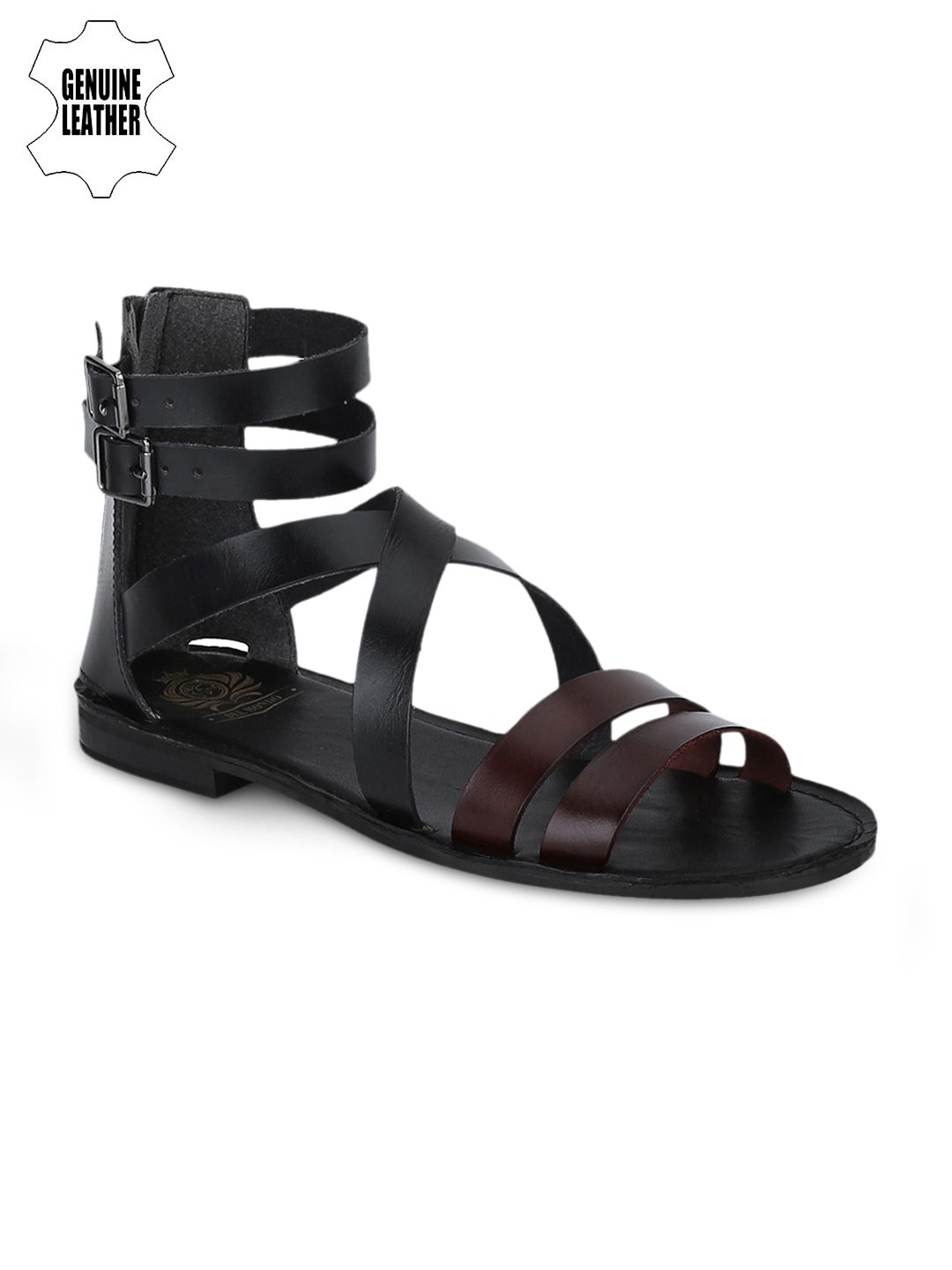 DEL MONDO Men Black Burgundy Leather Comfort Sandals