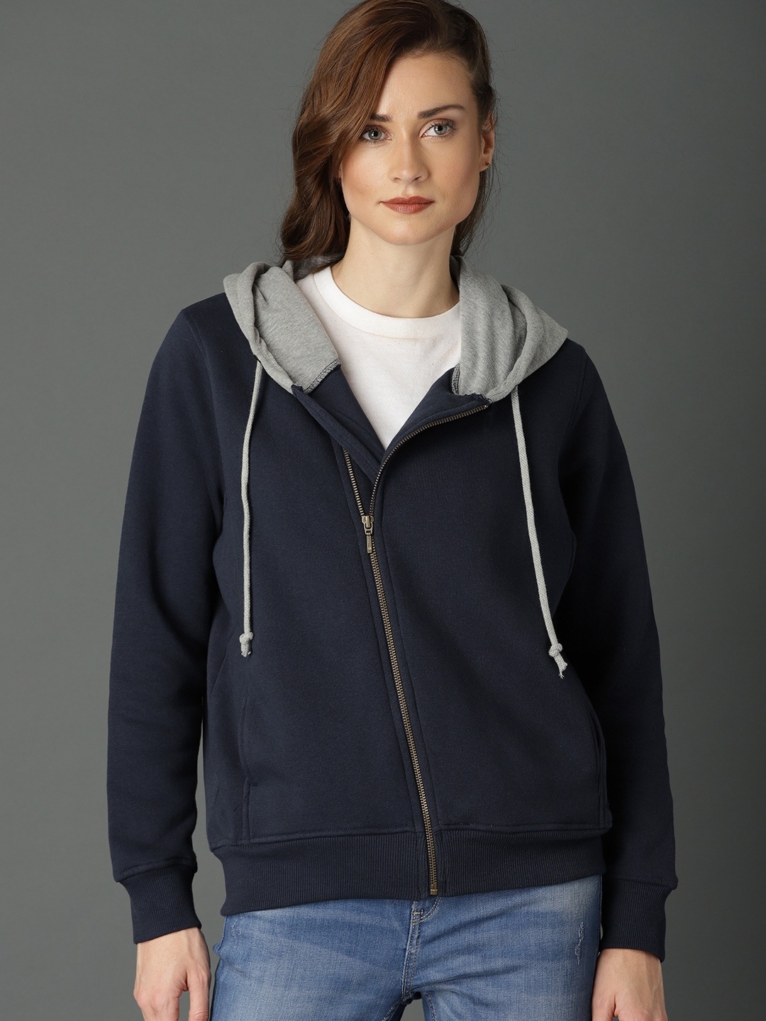 navy blue zip up sweatshirt