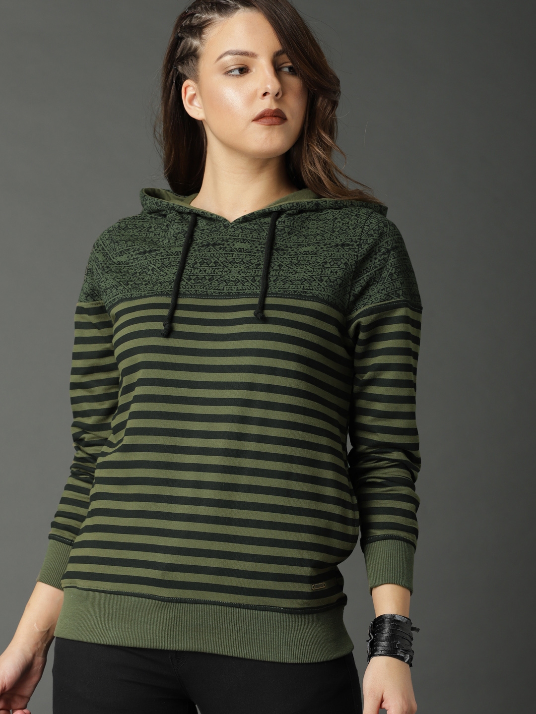 Buy Roadster Women Olive Green Black Striped Hooded Sweatshirt