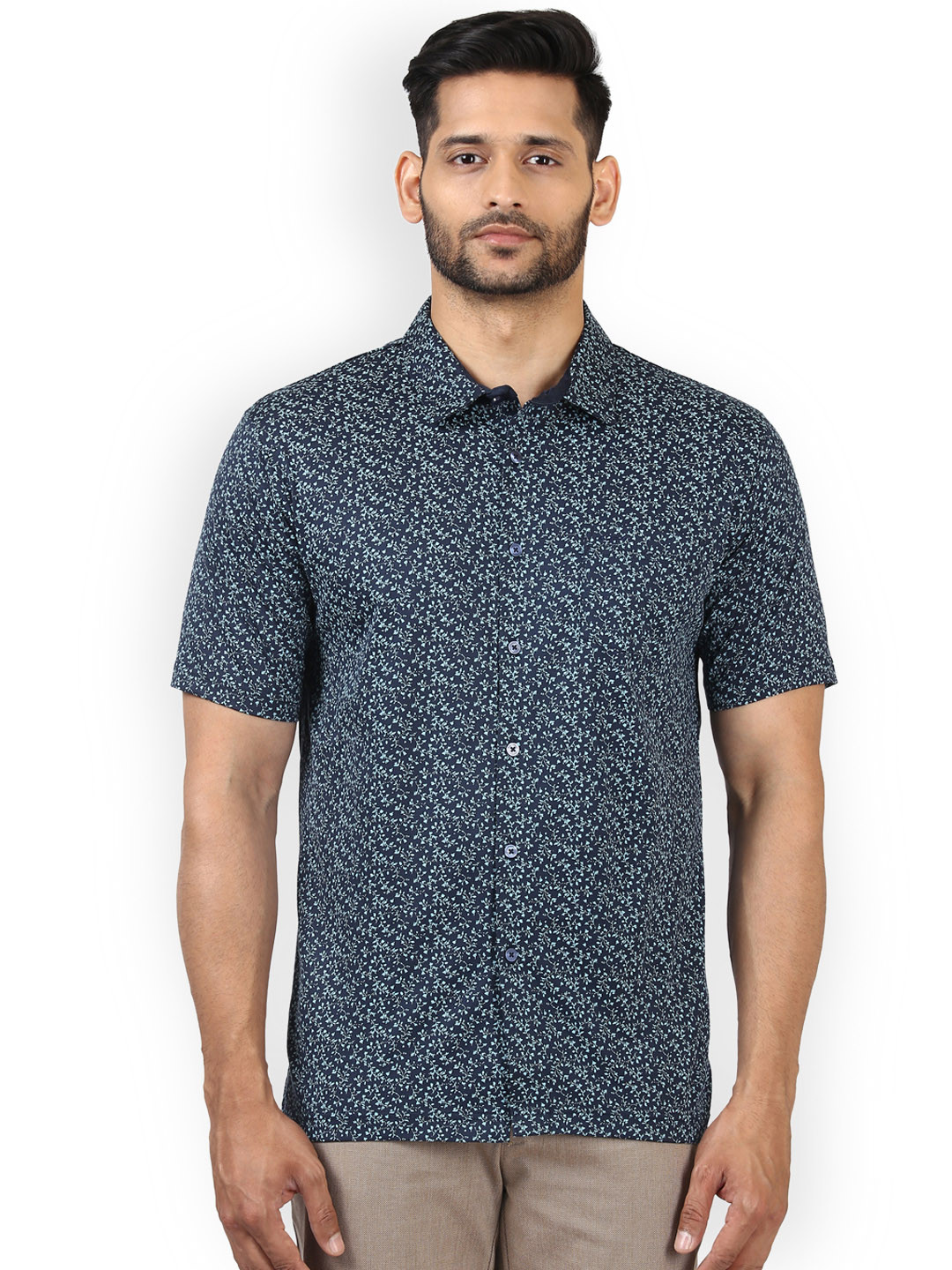 ColorPlus Men Navy Blue Printed V-Neck T-shirt