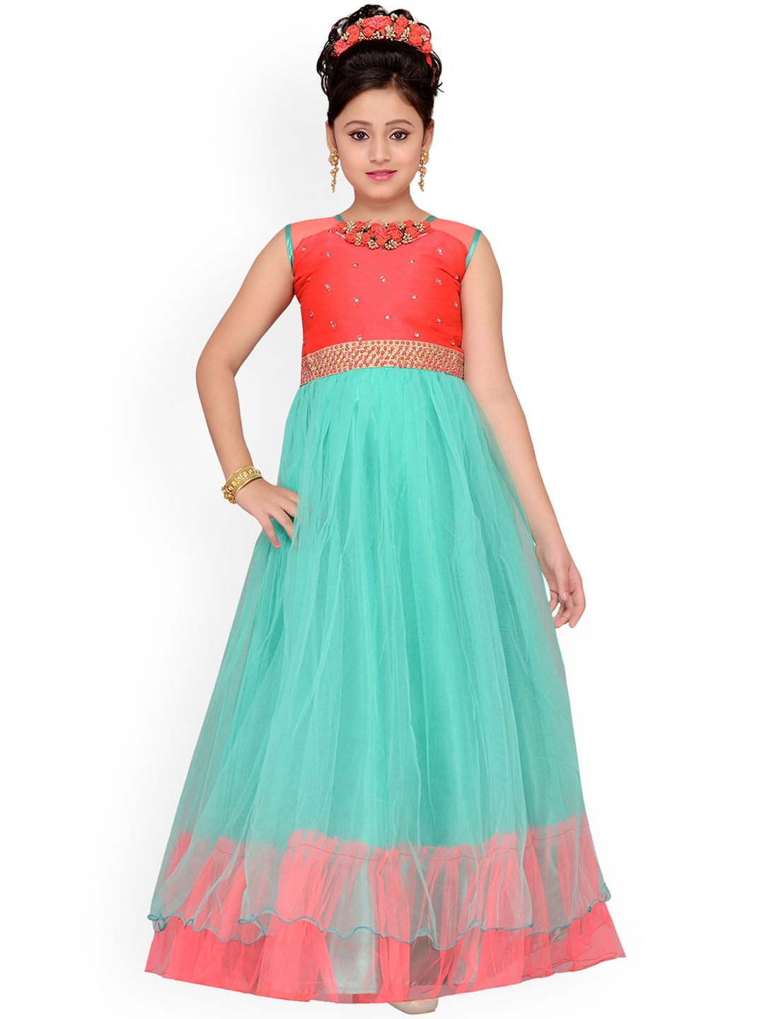 ADIVA Girls Sea Green Self Design Maxi Dress