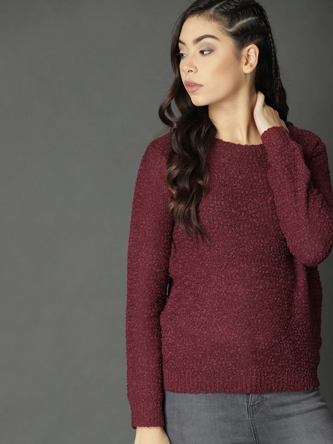 Roadster Fast and Furious Women Maroon Self Design Pullover