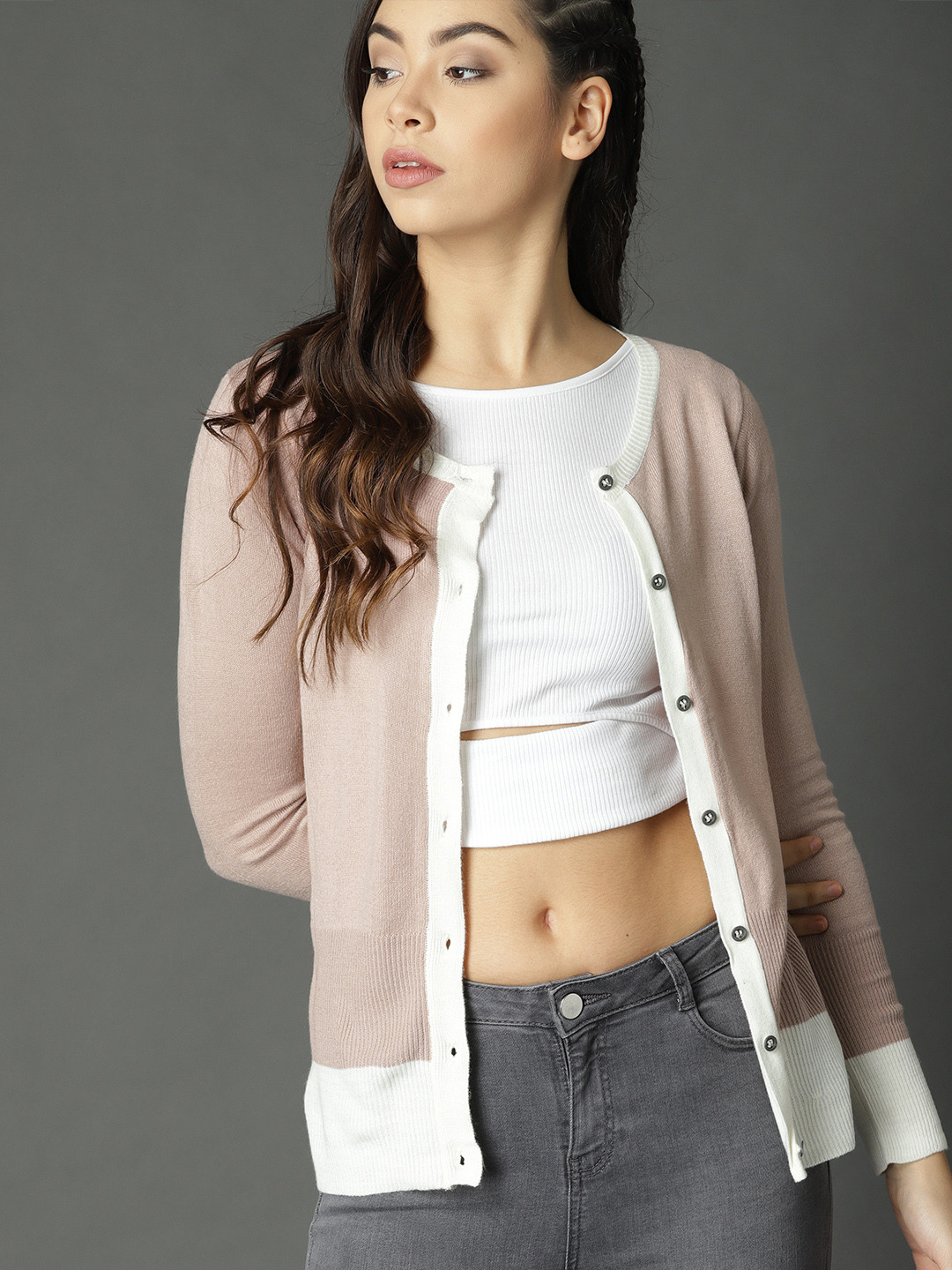 Roadster Women Dusty Pink & White Solid Cardigan