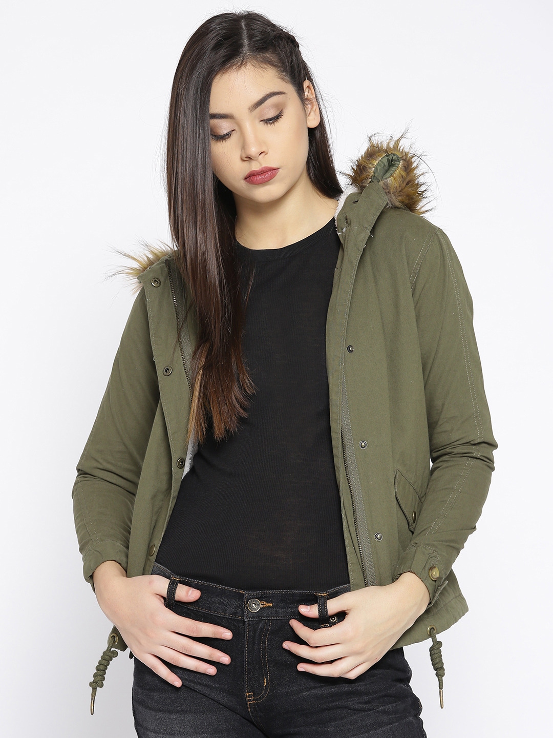 Roadster Women Olive Green Solid Hooded Parka Jacket