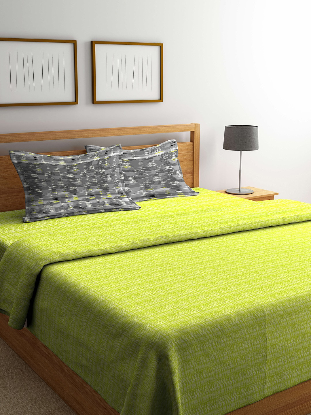 Lime Green \u0026 Grey Printed Bedding Set 