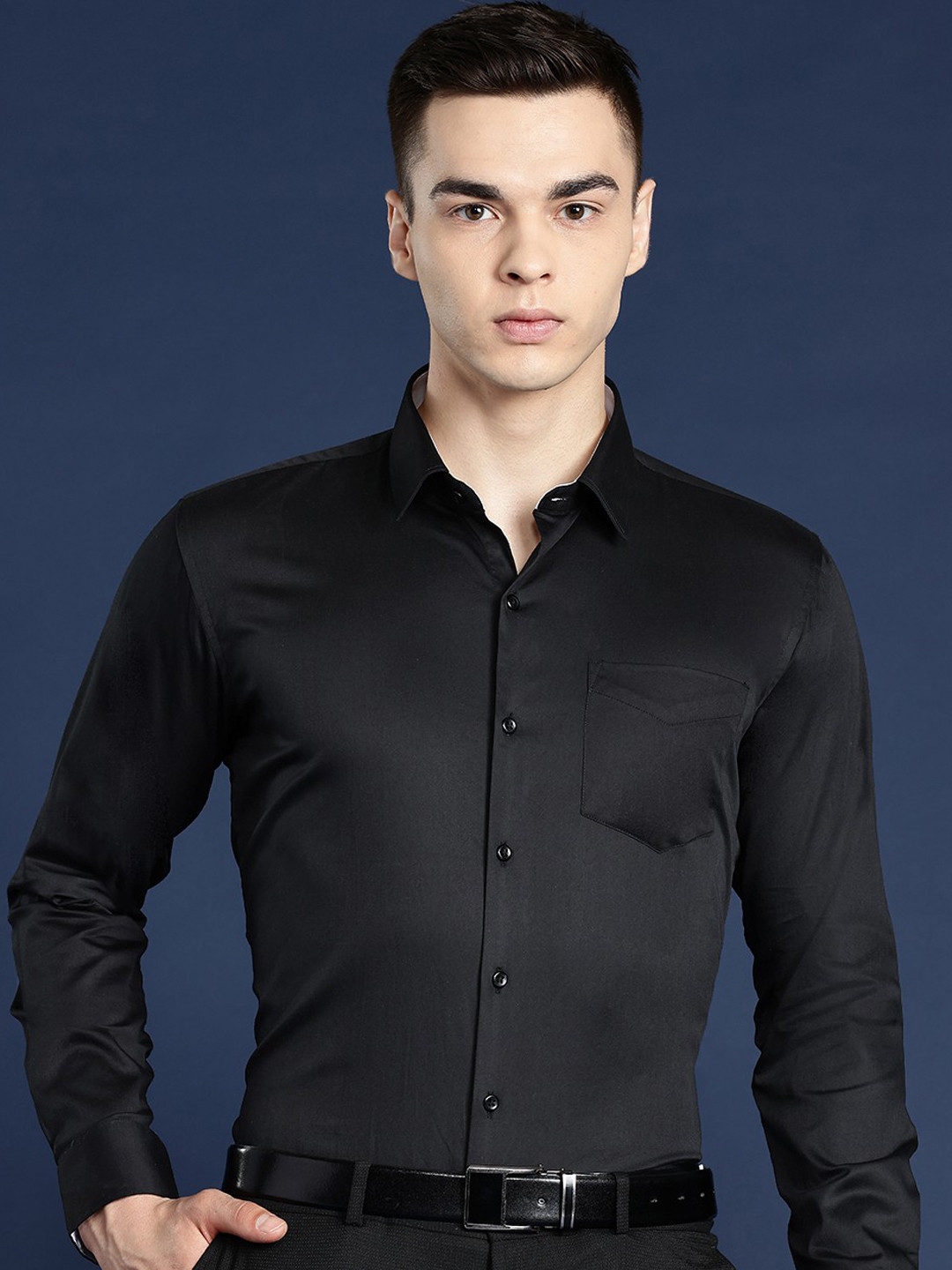 Hancock Men Black Solid Slim Fit Pure Cotton Satin Tuxedo Formal Shirt