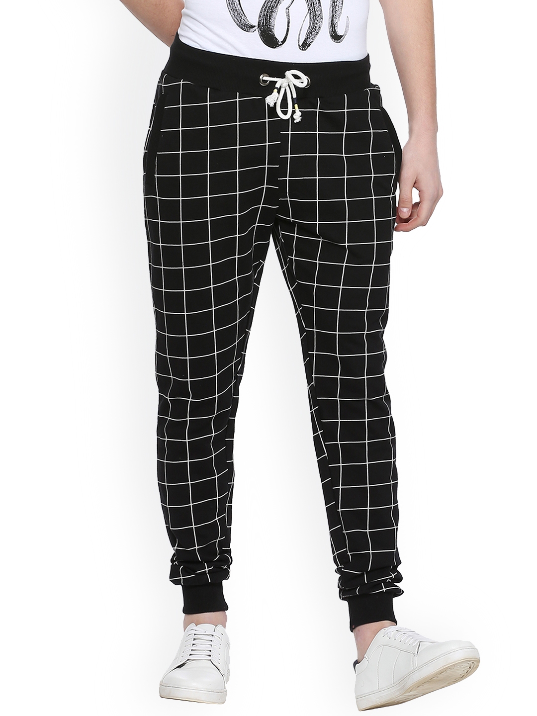 Buy People Men Black White Regular Fit Checked Joggers