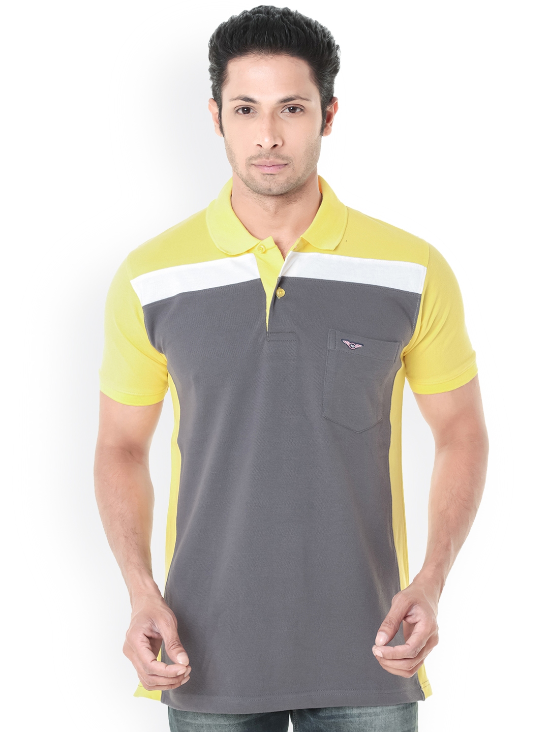 grey and yellow polo shirt