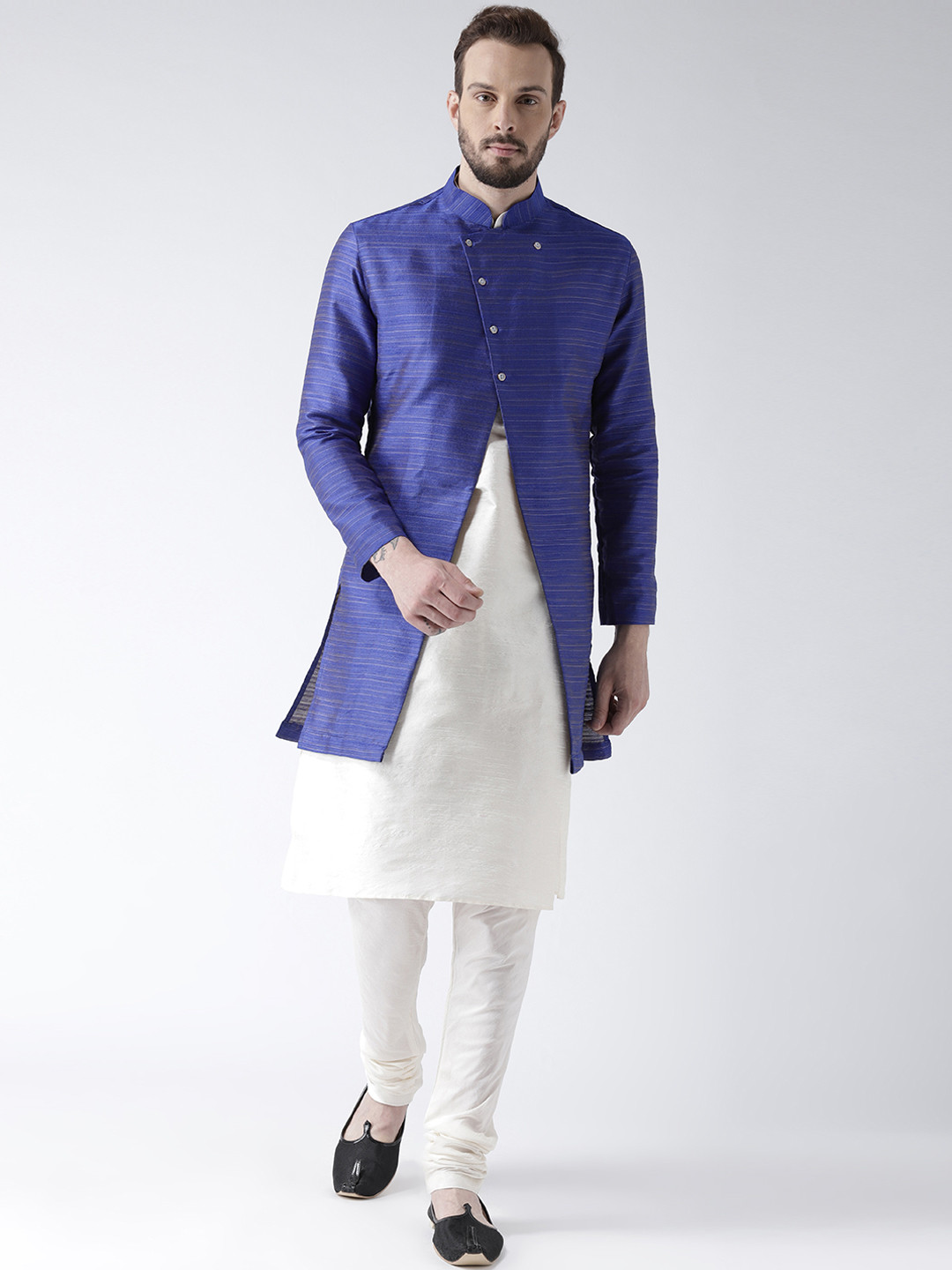 DEYAAN Men Blue & Off-White Self-Striped Silk Sherwani With Achkan
