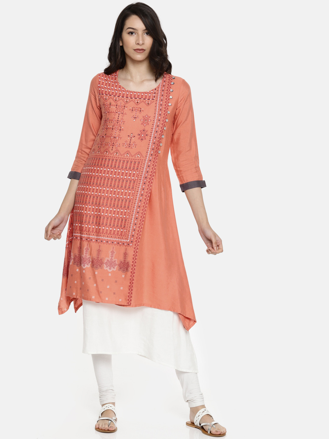 Span Women Peach-Coloured Printed Asymmetric Hemline Layered A-Line Kurta