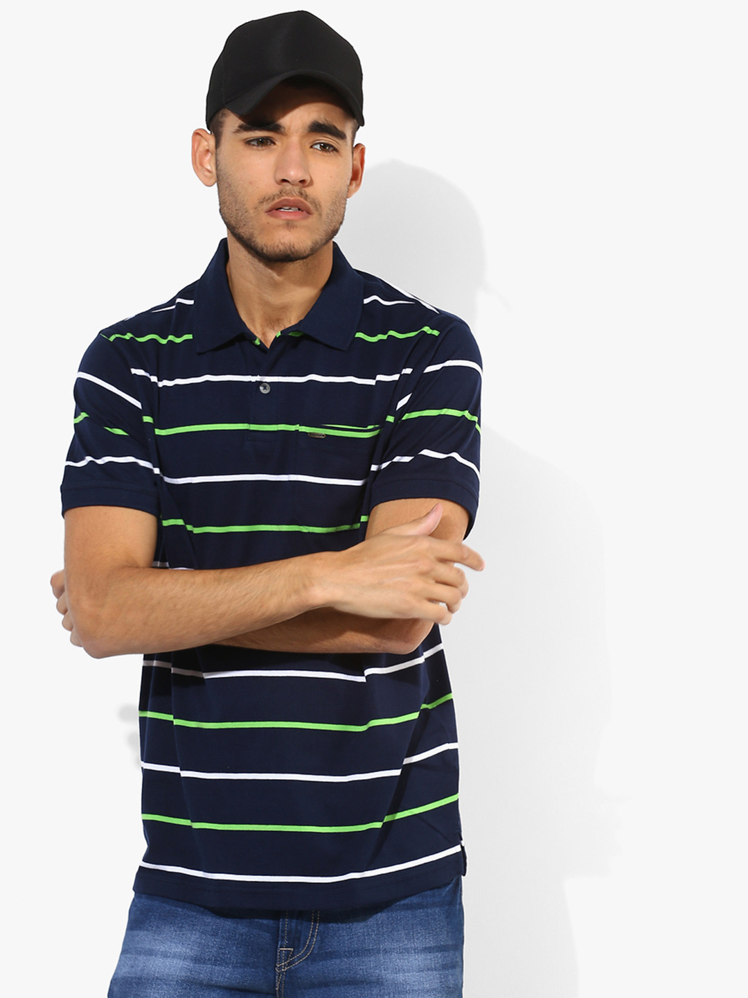 Men Navy Blue Striped Polo Collar 