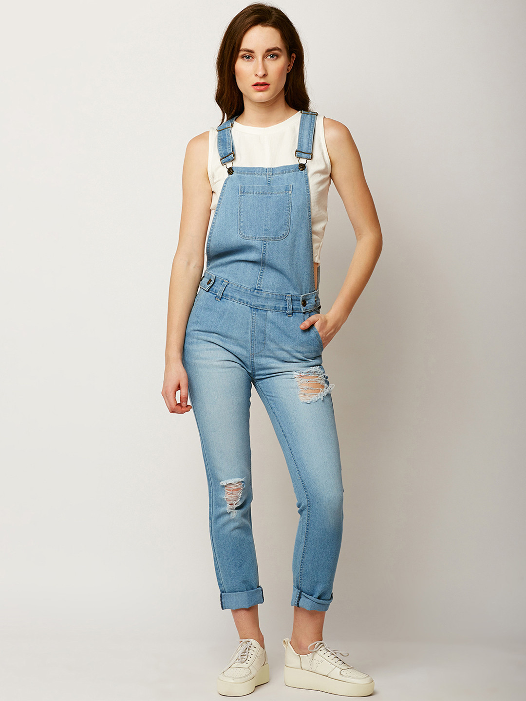 Miss Chase Women Blue Solid Slim Fit Ripped Denim Dungarees