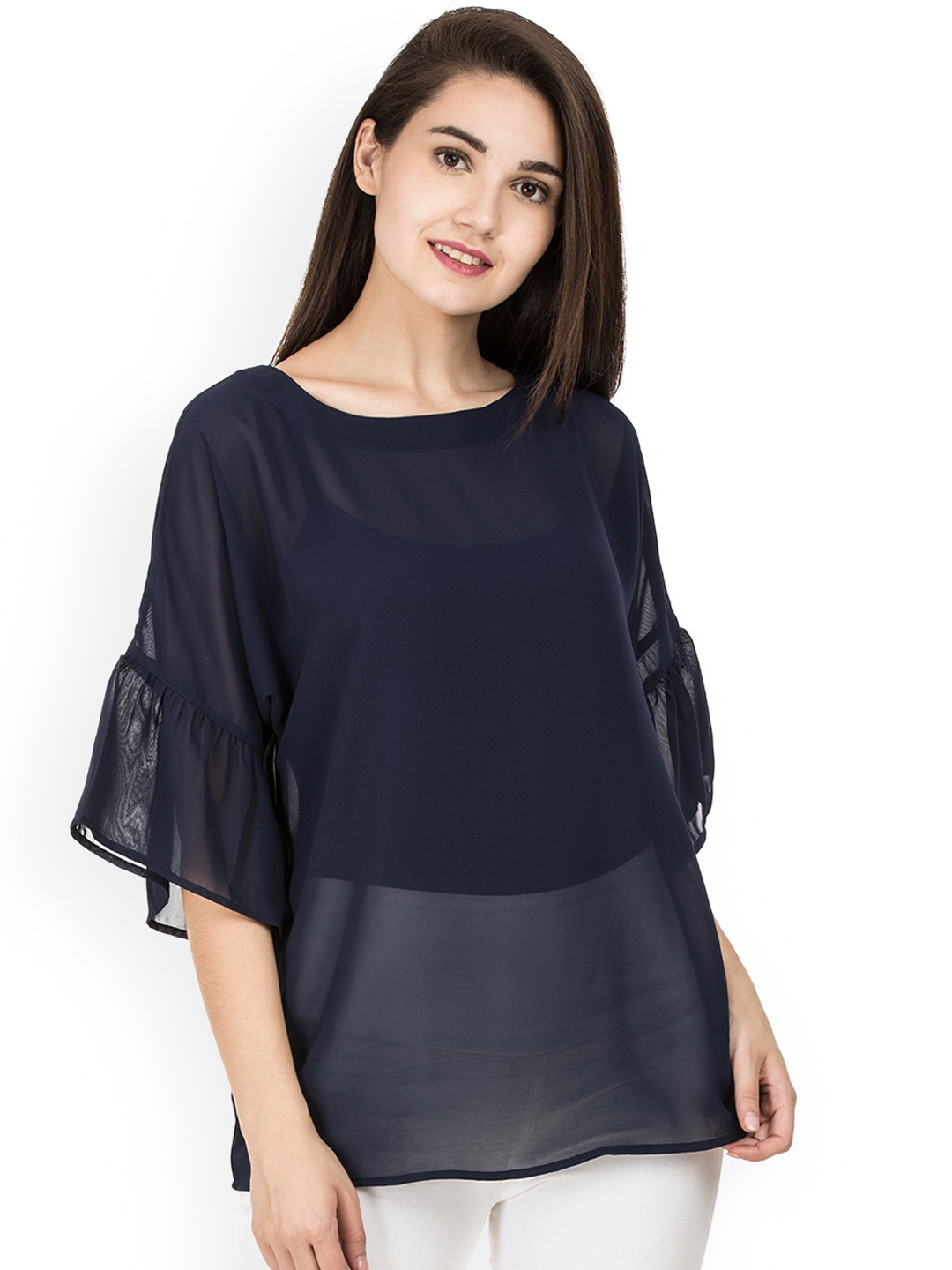 IDK Women Navy Blue Solid Top