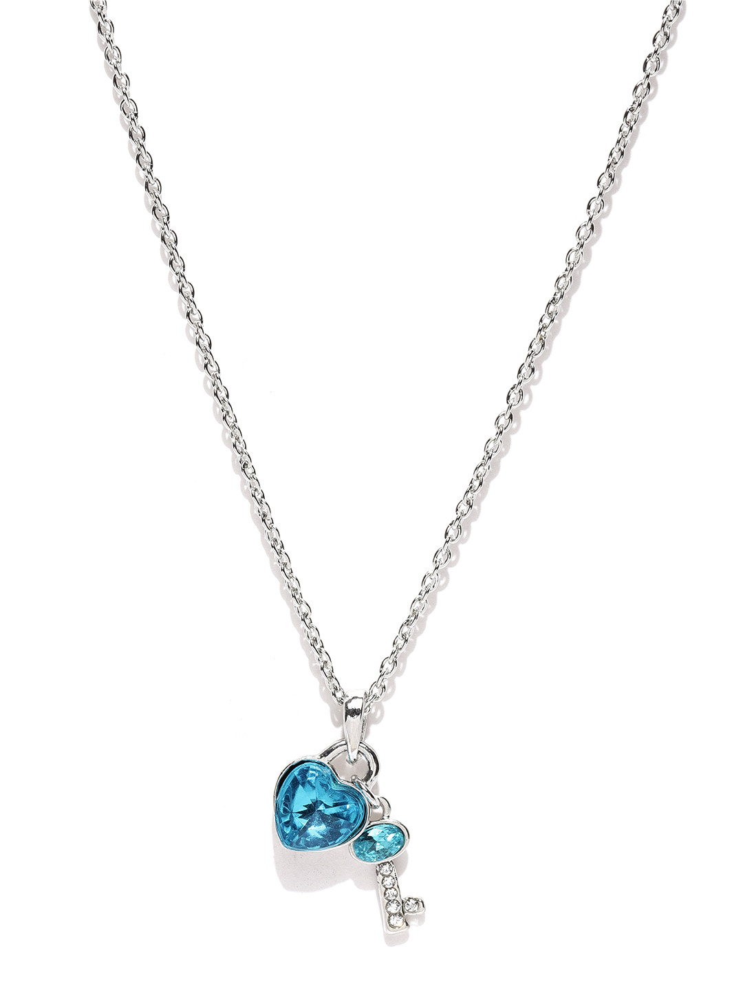 Mahi Silver-Toned & Blue Crystal-Studded Heart & Key-Shaped Pendant with Chain
