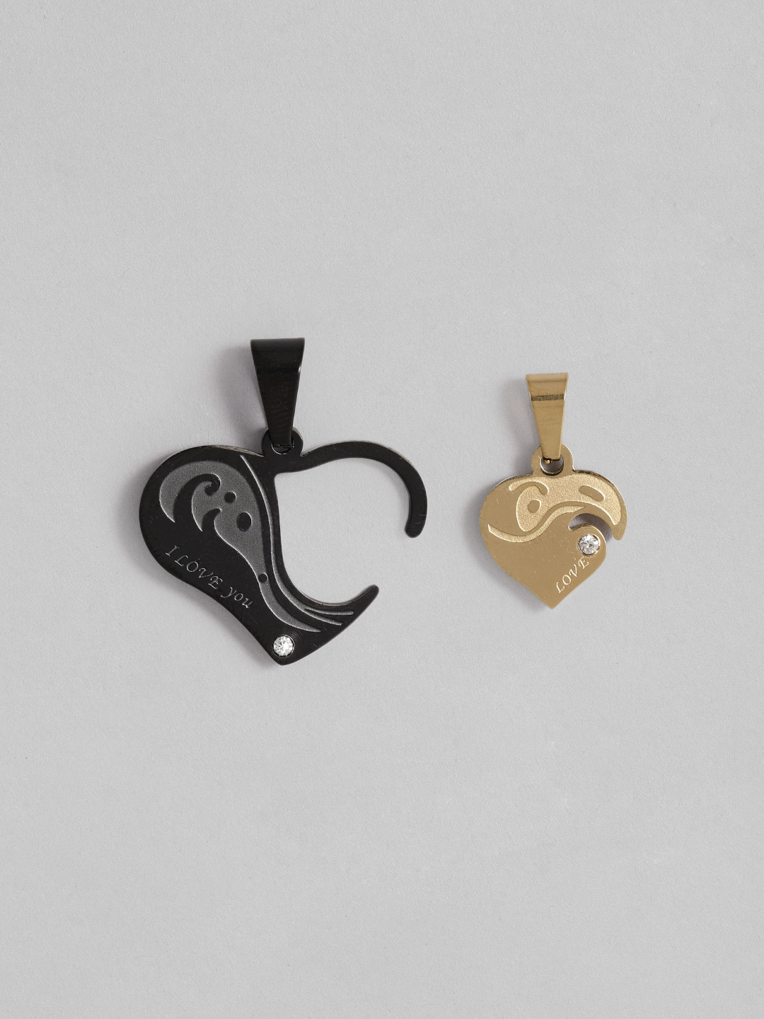 Peora Black & Gold-toned Stainless Steel Heart Puzzle Couple Pendants