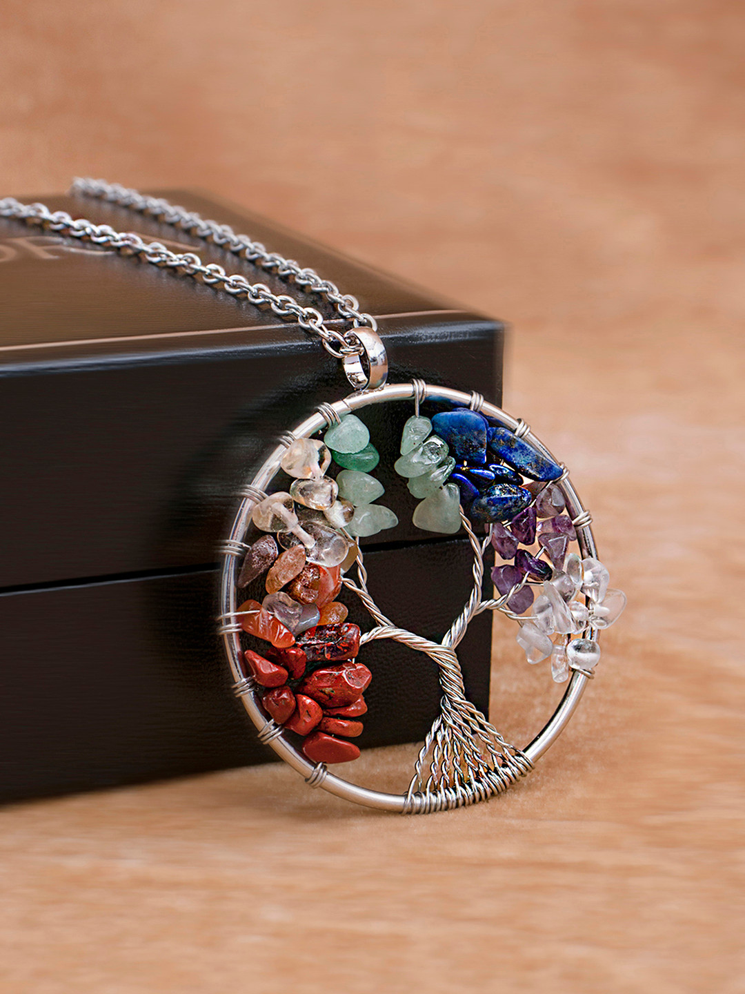 Peora Silver-Toned 7 Chakra Rainbow Tree of Life Crystal Pendant With Chain