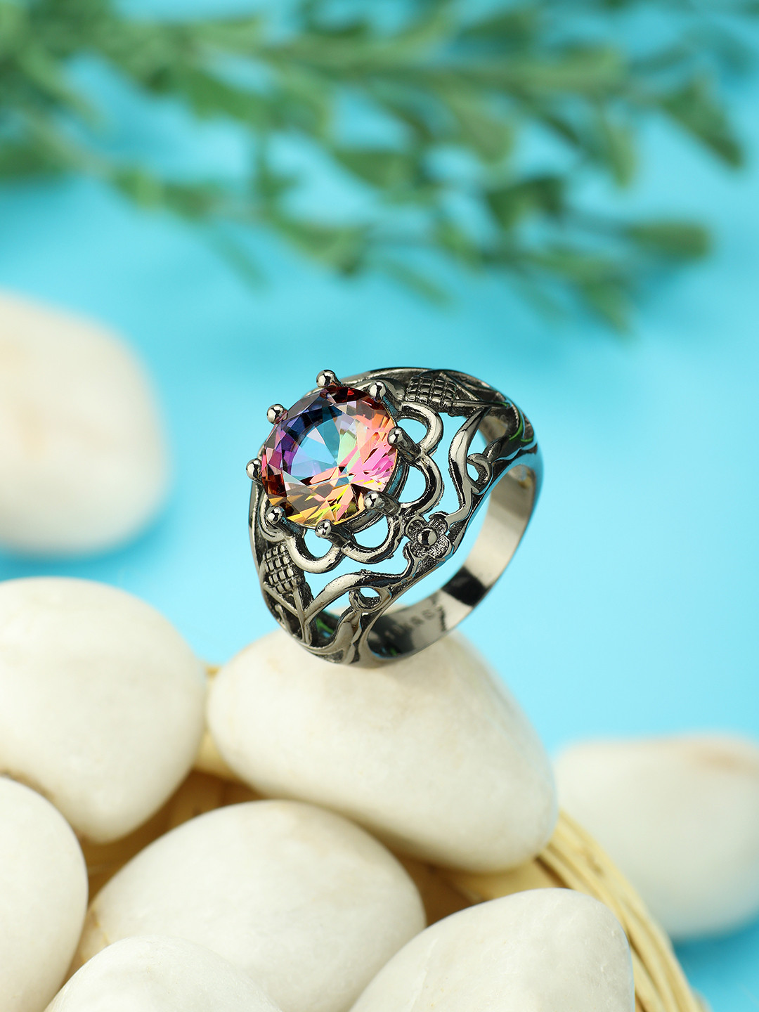 Peora Women Black Round Cut  Mystic Rainbow Topaz Solitaire Ring