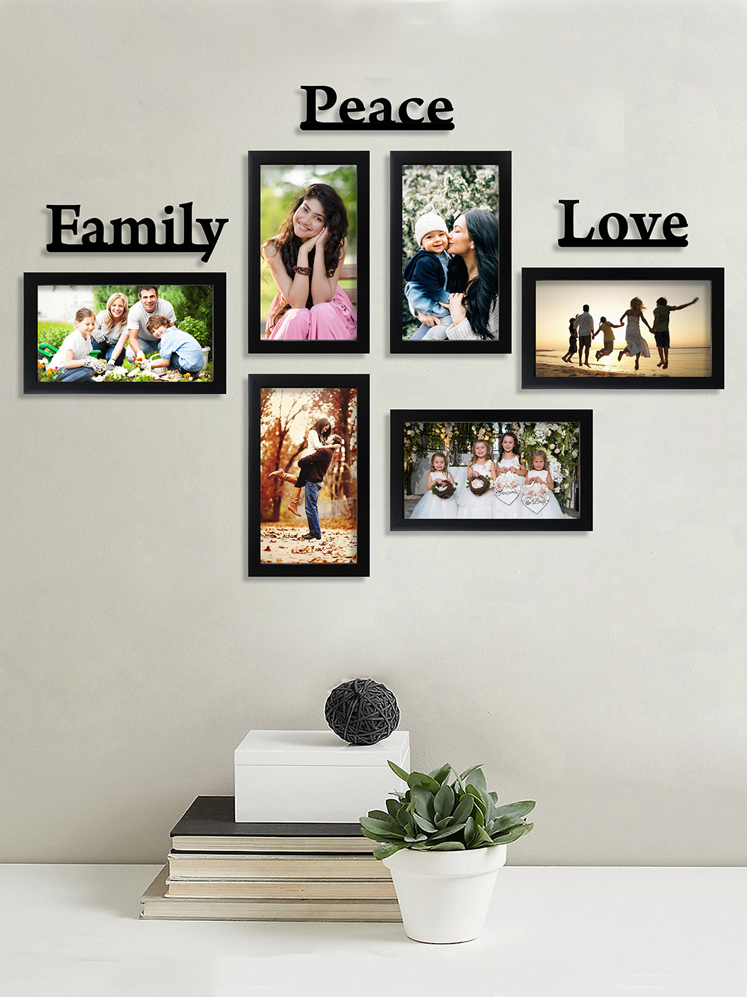 Random Set of 6 Black Photo Frames With Family Peace Love Plaque
