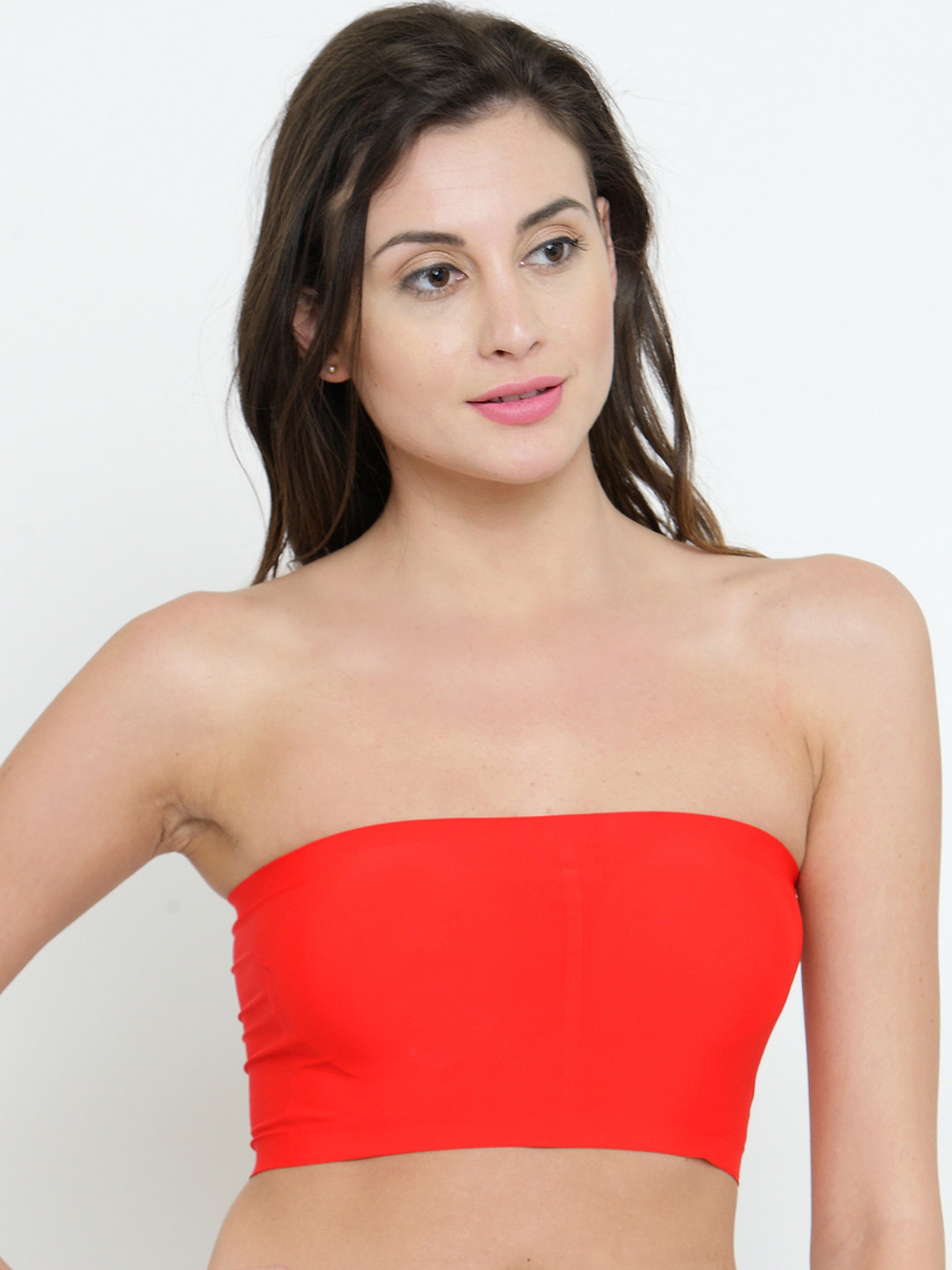 PrettyCat Red Solid Non-Wired Lightly Padded Bandeau Bra PC-SB-5094