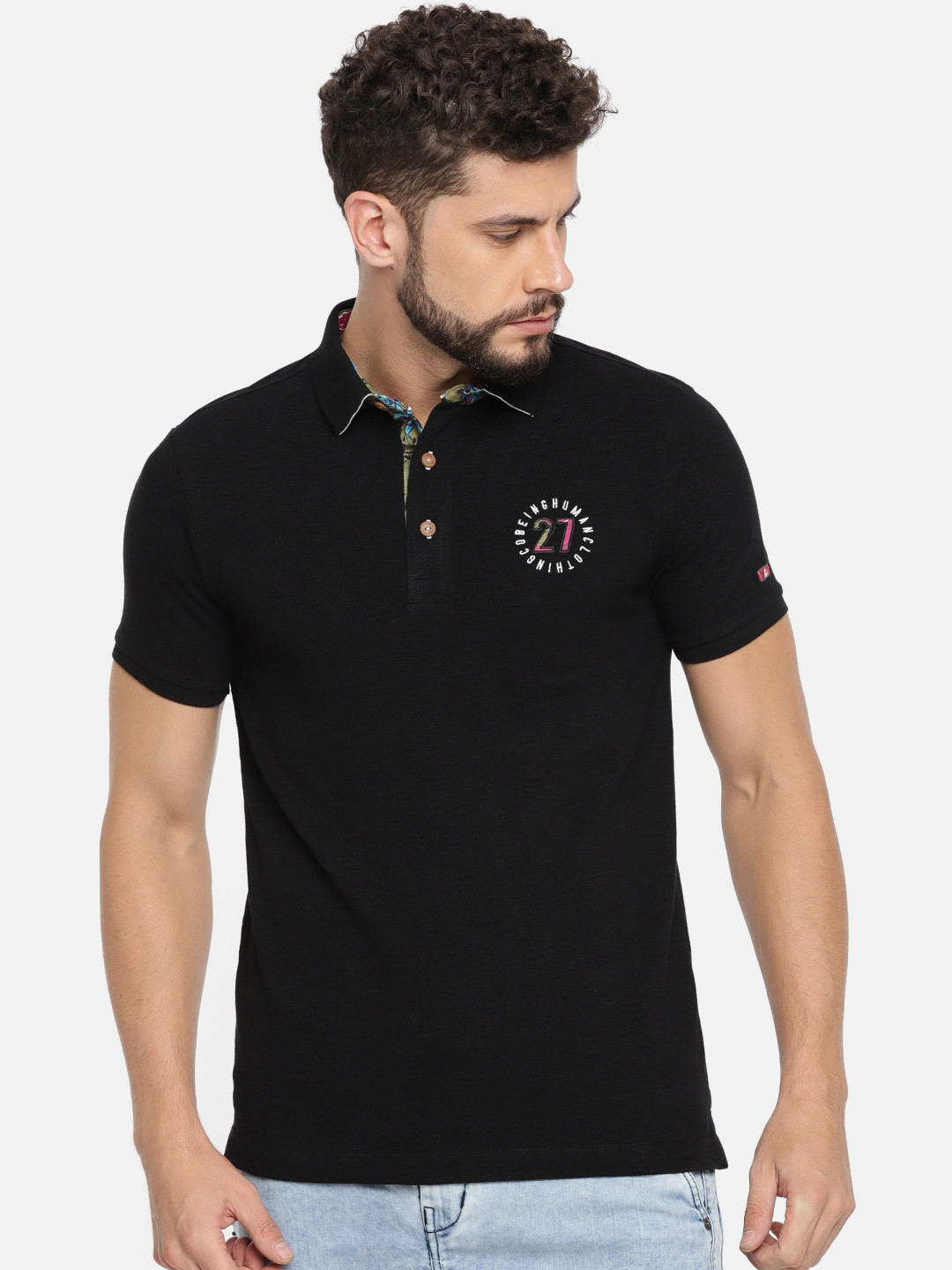 Black Solid Polo Collar Pure Cotton 