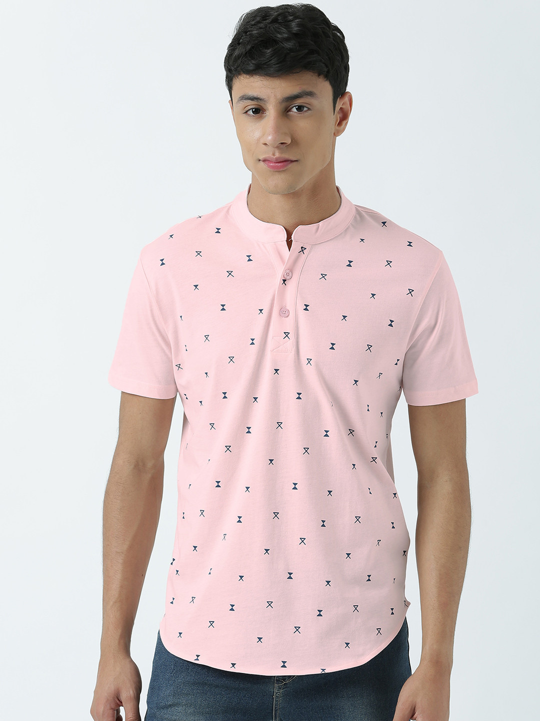 Huetrap Men Pink Abstract Print Henley Neck T-shirt