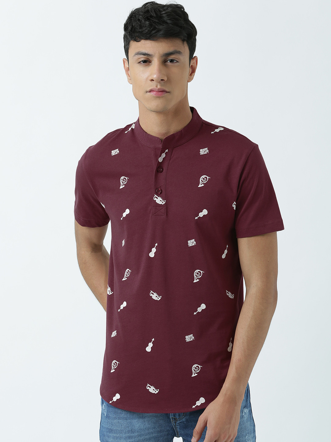 Huetrap Men Burgundy Music Print Henley Neck T-shirt