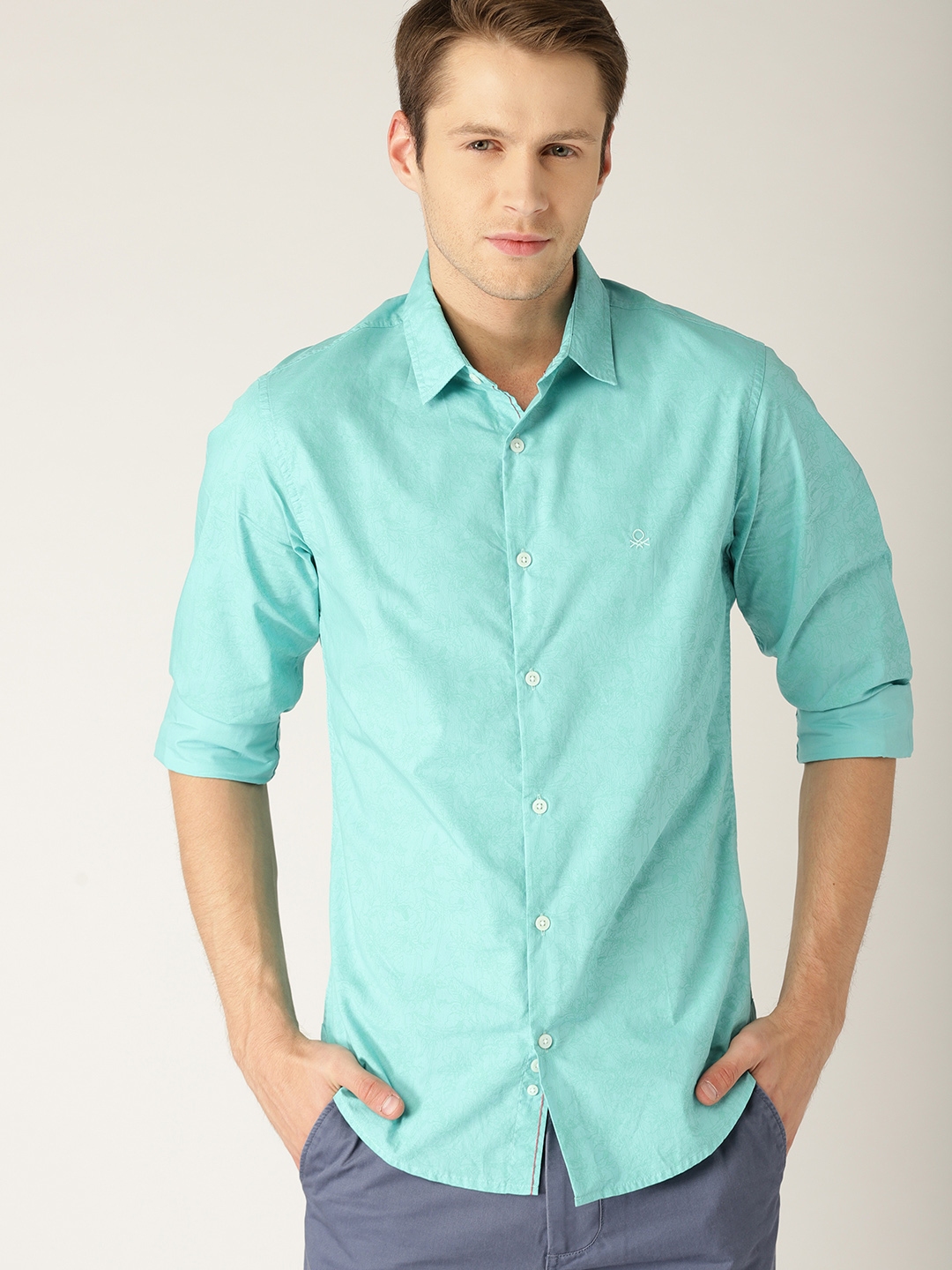 Buy United Colors Of Benetton Men Sea Green Slim Fit Printed