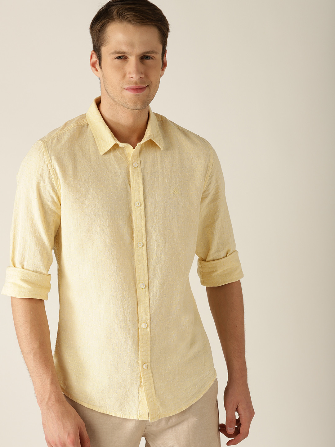 United Colors of Benetton Men Yellow Slim Fit Self-Design Casual Shirt