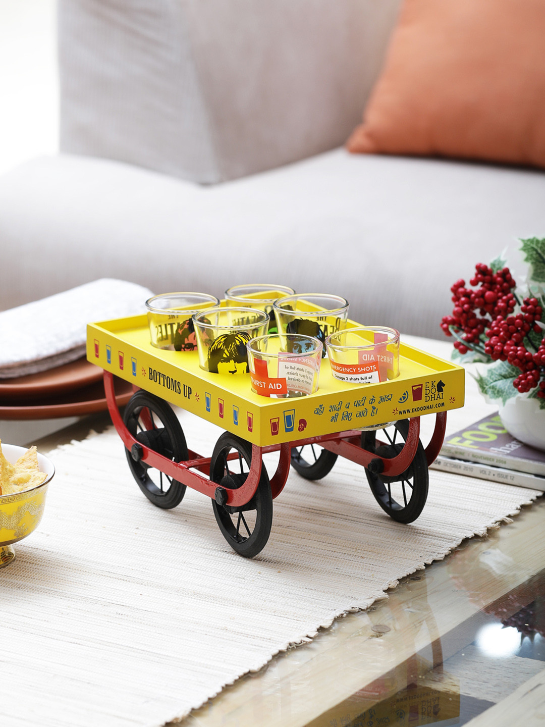 EK DO DHAI Yellow & Red Rangeela Shot Glass Cart Server