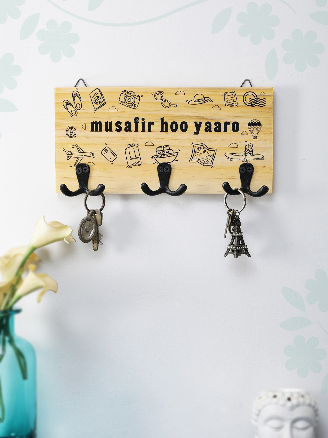EK DO DHAI Brown Wooden Rectangular key holder