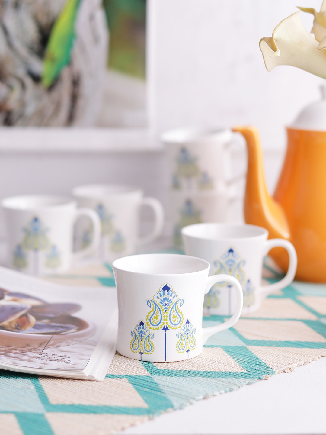 CLAY CRAFT Kohinoor White Paisley Bone China Microwave Safe 6 Piece Cups-150ml