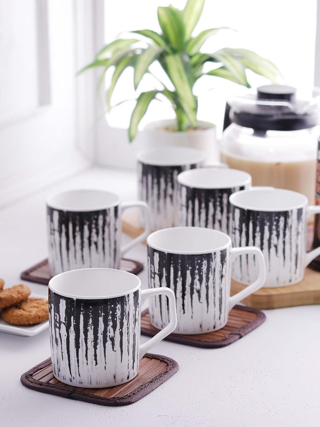 CLAY CRAFT White Abstract Bone China Handmade 6 Piece Cups-200ml