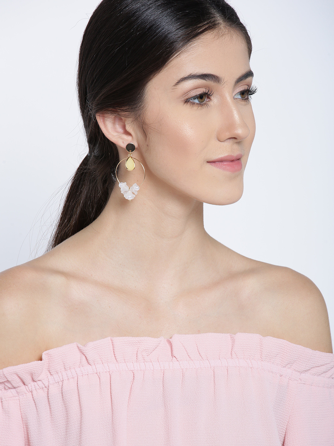 Jewels Galaxy White & Cream-Coloured Gold-Plated Contemporary Drop Earrings