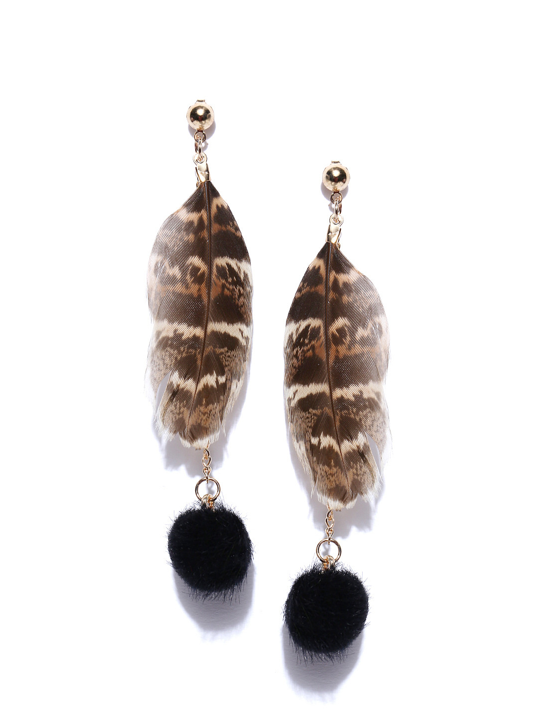 Jewels Galaxy Black & Brown Gold-Plated Feather Shaped Drop Earrings