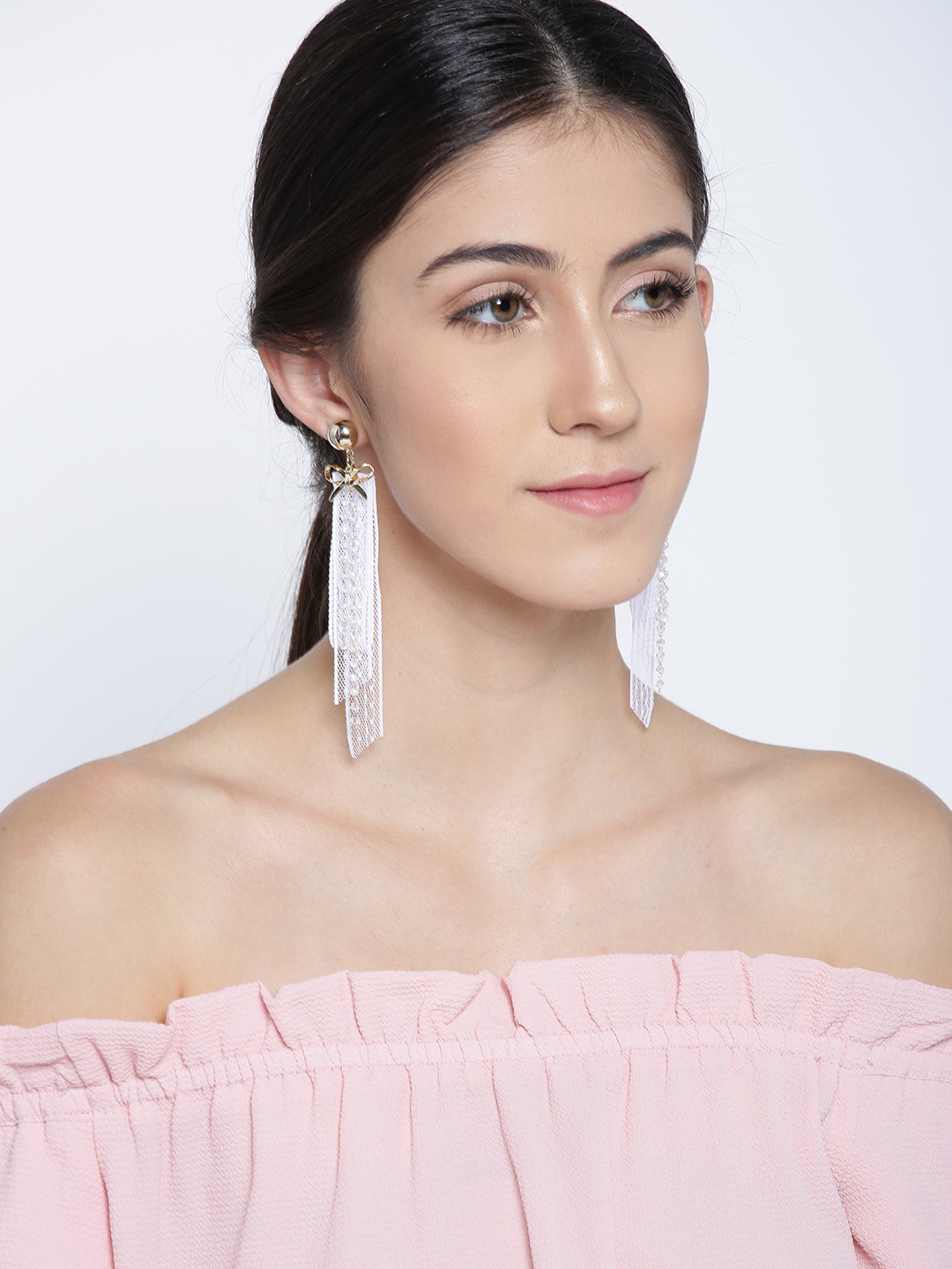 Jewels Galaxy White Gold-Plated Contemporary Drop Earrings with Lace Detail