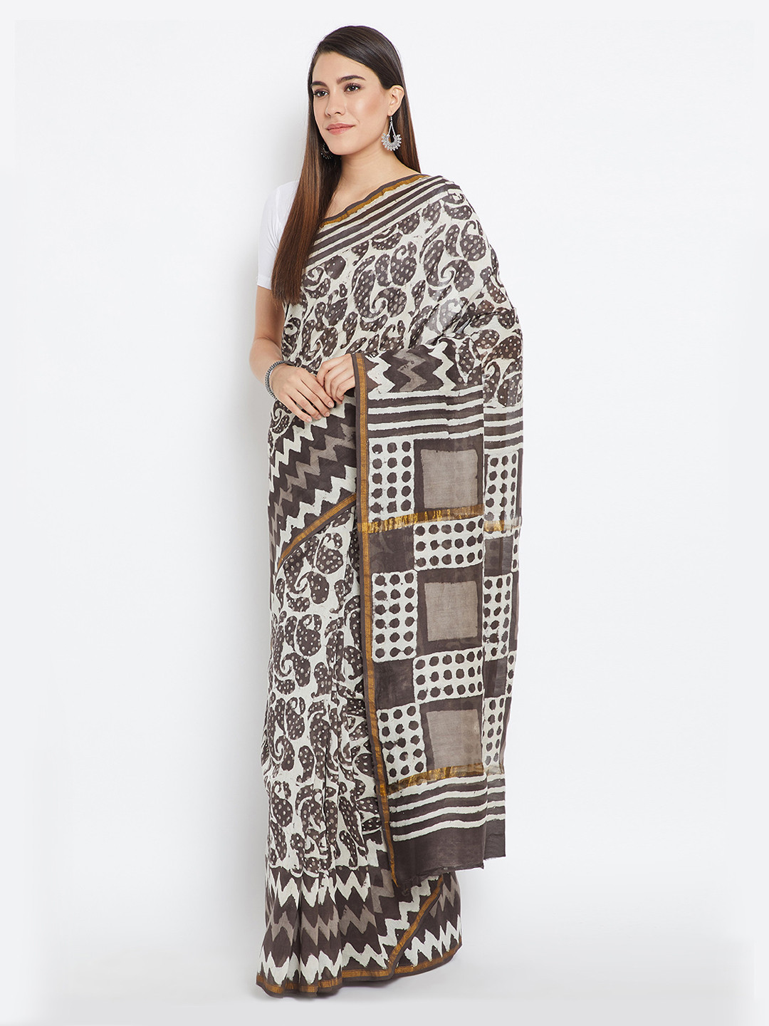 Kalakari India Grey & White Chanderi Silk Hand Block Print Handcrafted Sustainable Saree