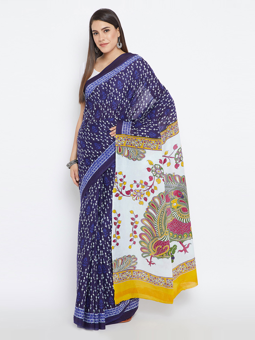 Kalakari India Navy Blue & White Indigo Screen Print Handcrafted Cotton Sustainable Saree