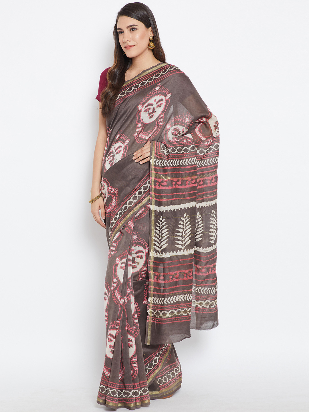 Kalakari India Grey & Brown Chanderi Silk Hand Block Print Handcrafted Sustainable Saree