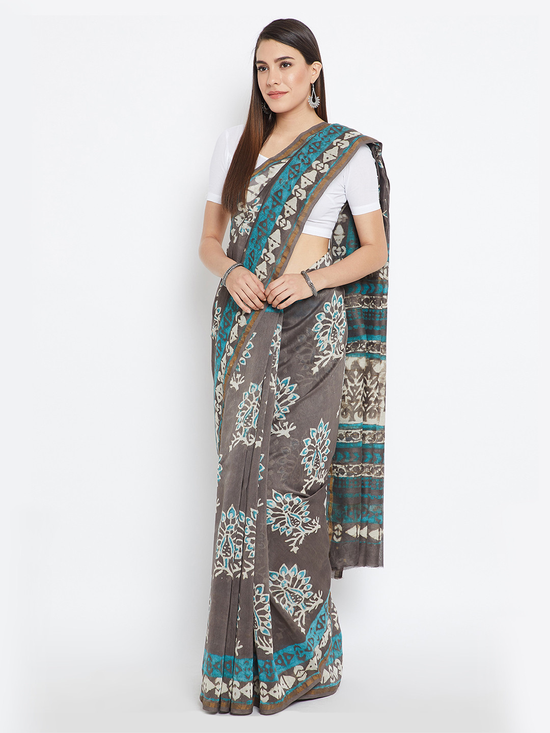 Kalakari India Grey & Blue Chanderi Silk Hand Block Print Handcrafted Sustainable Saree