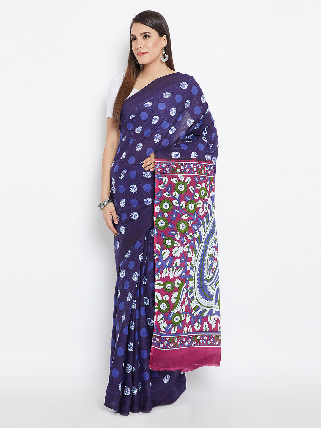 Kalakari India Navy Blue & White Indigo Screen Print Handcrafted Cotton Sustainable Saree