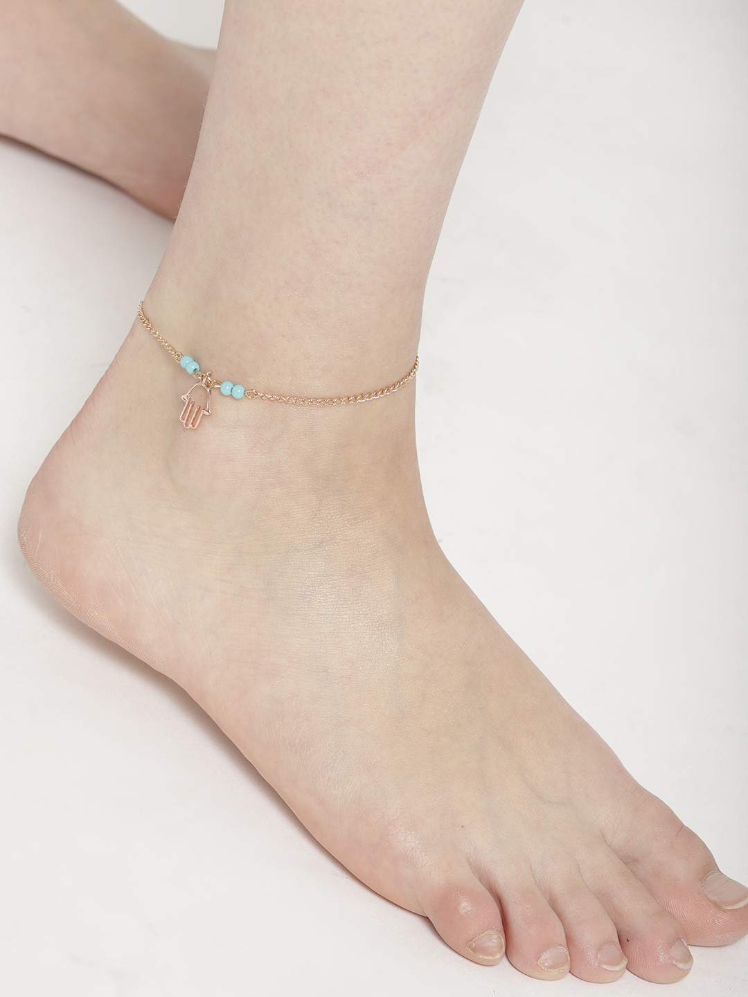 OOMPH Gold-Toned & Turquoise Blue Beaded Charm Anklet