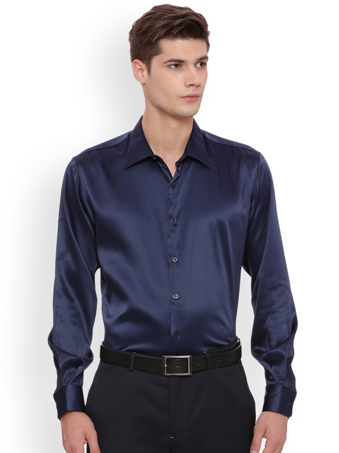 Basics Men Navy Blue Slim Fit Solid Formal Shirt